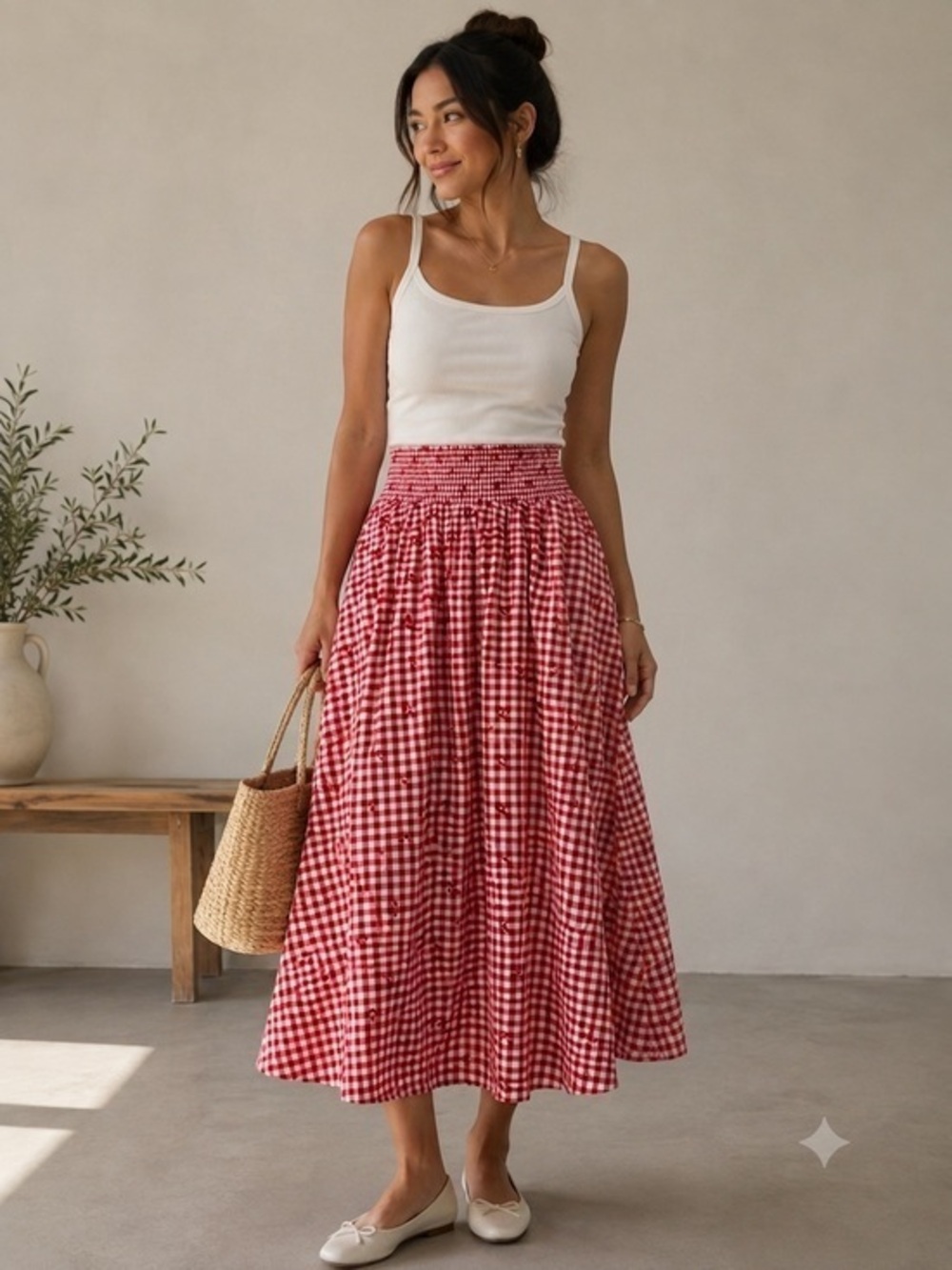 Vineyard Vines Red Gingham Smocked midi skirt lobster print size Small